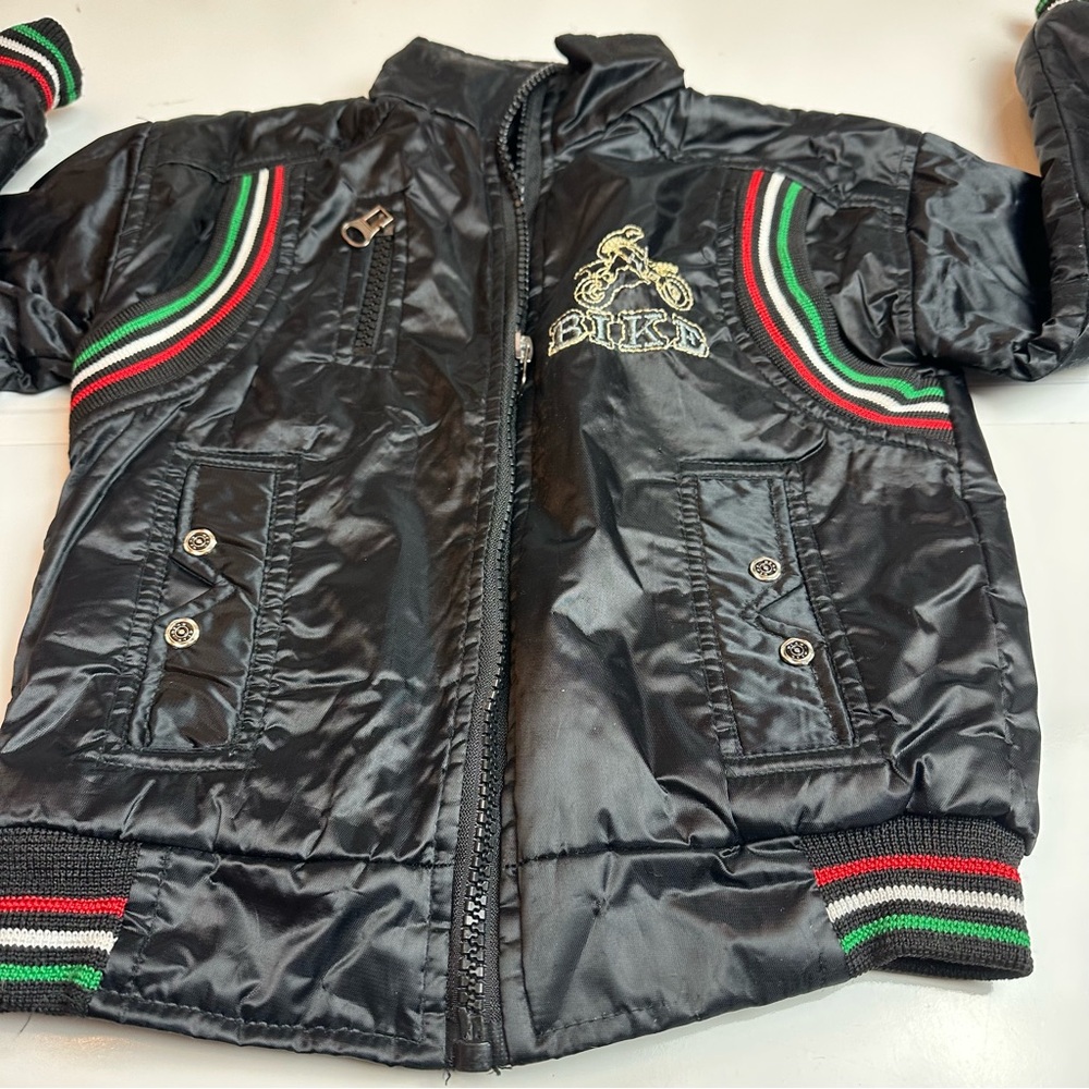 Y2K Moto Puffer Jacket | Kids Racing Stripe Embroidered Black Nylon Coat 3T-4T - Picture 10 of 11